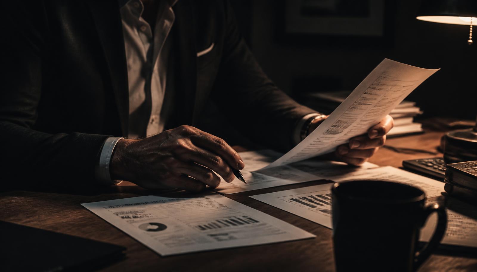 Business owner reviewing printed financial statements at a desk